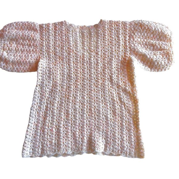 Vtg Hand Crocheted Top Women’s Puff Sleeves white Yellow Peach Glitter Yarn - Picture 2 of 9